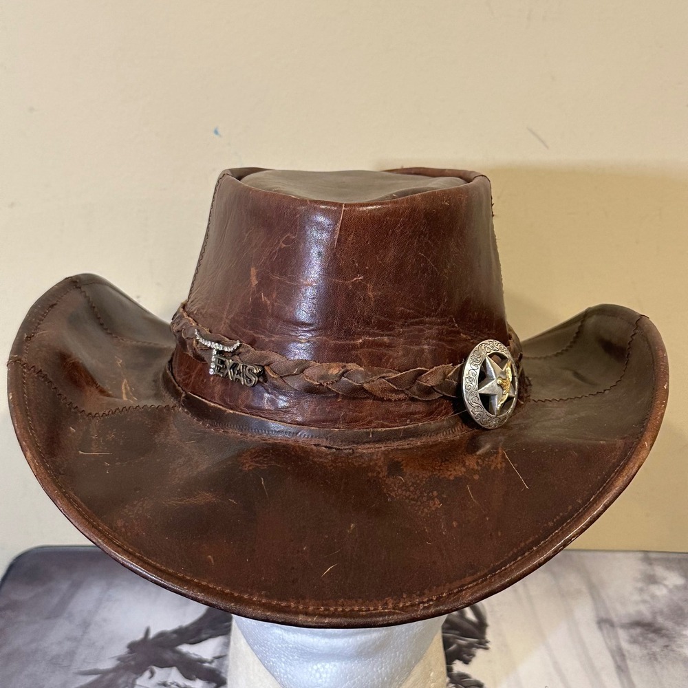 Texas Brown Leather Cowboy Hat Braided Band Western made in Mexico size m